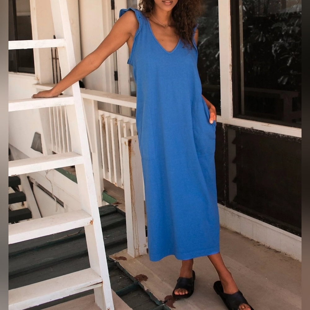 Free People FP Beach Midi Dress Size Medium Once Upon A Sea Blue V-Neck Ruffle